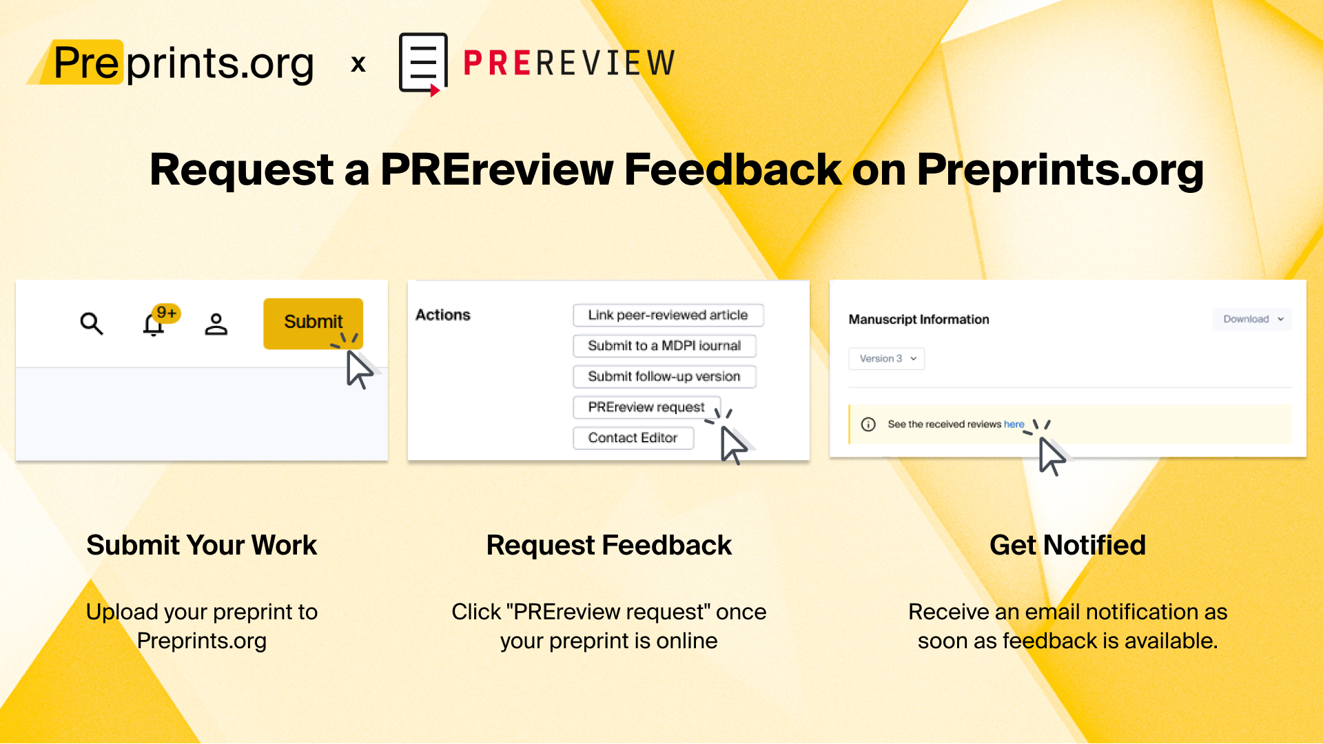 A 3-step infographic showing the collaborative process between Preprints.org and PREreview: Step 1, Upload your preprint to Preprints.org; Step 2, Initiate a feedback request via the 'Request PREreview' button once your preprint is online; Step 3, Stay updated and receive community-driven insights directly to your inbox.