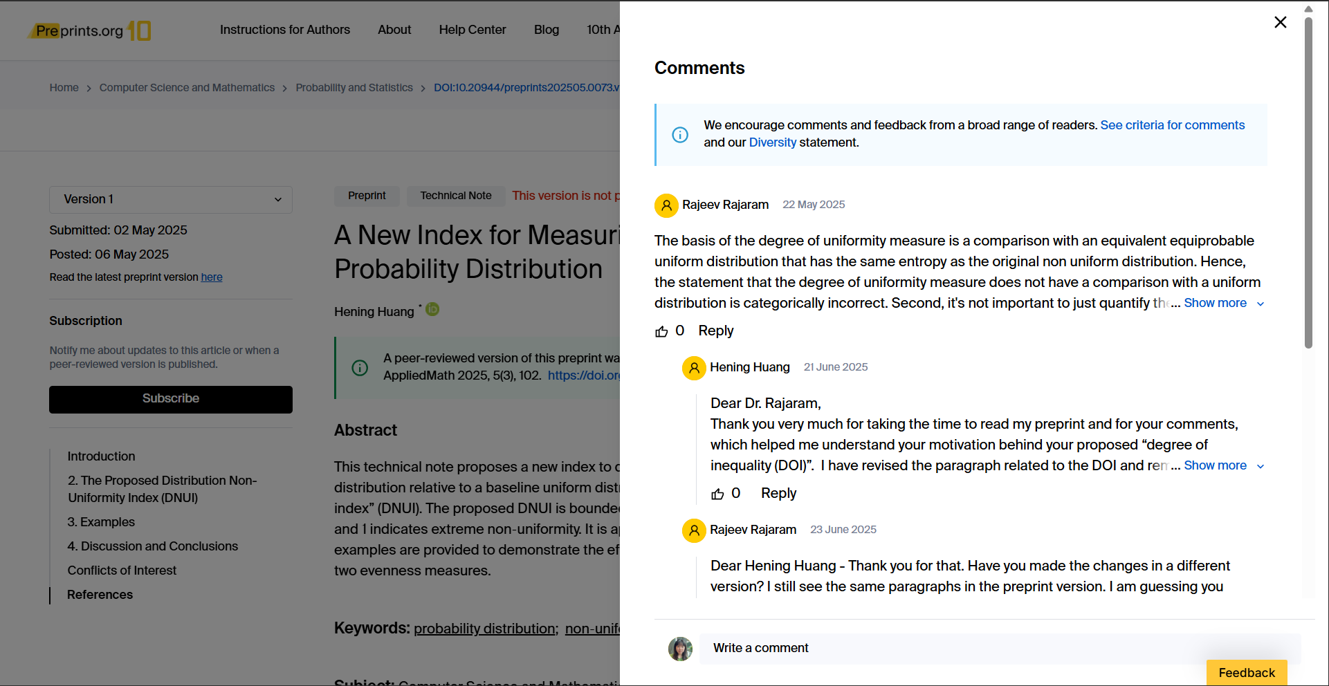 An example of a comment left on a preprint article on Preprints.org. This shows how comments can improve work.