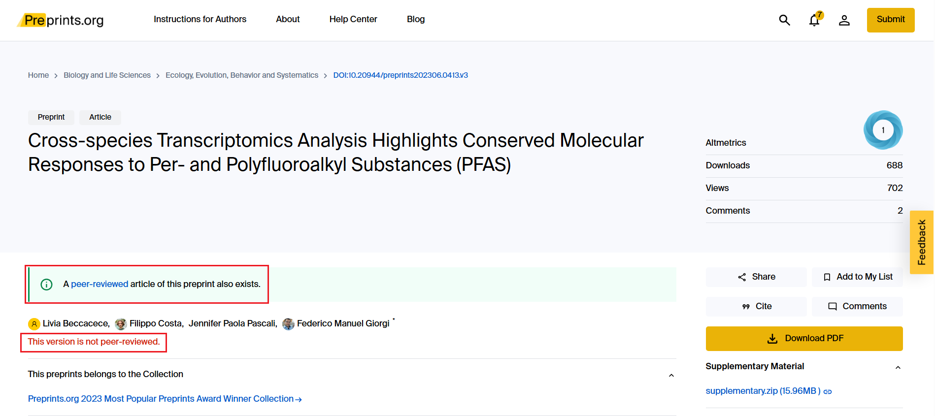 Example of a preprint and the indication that it is not peer reviewed for the media.