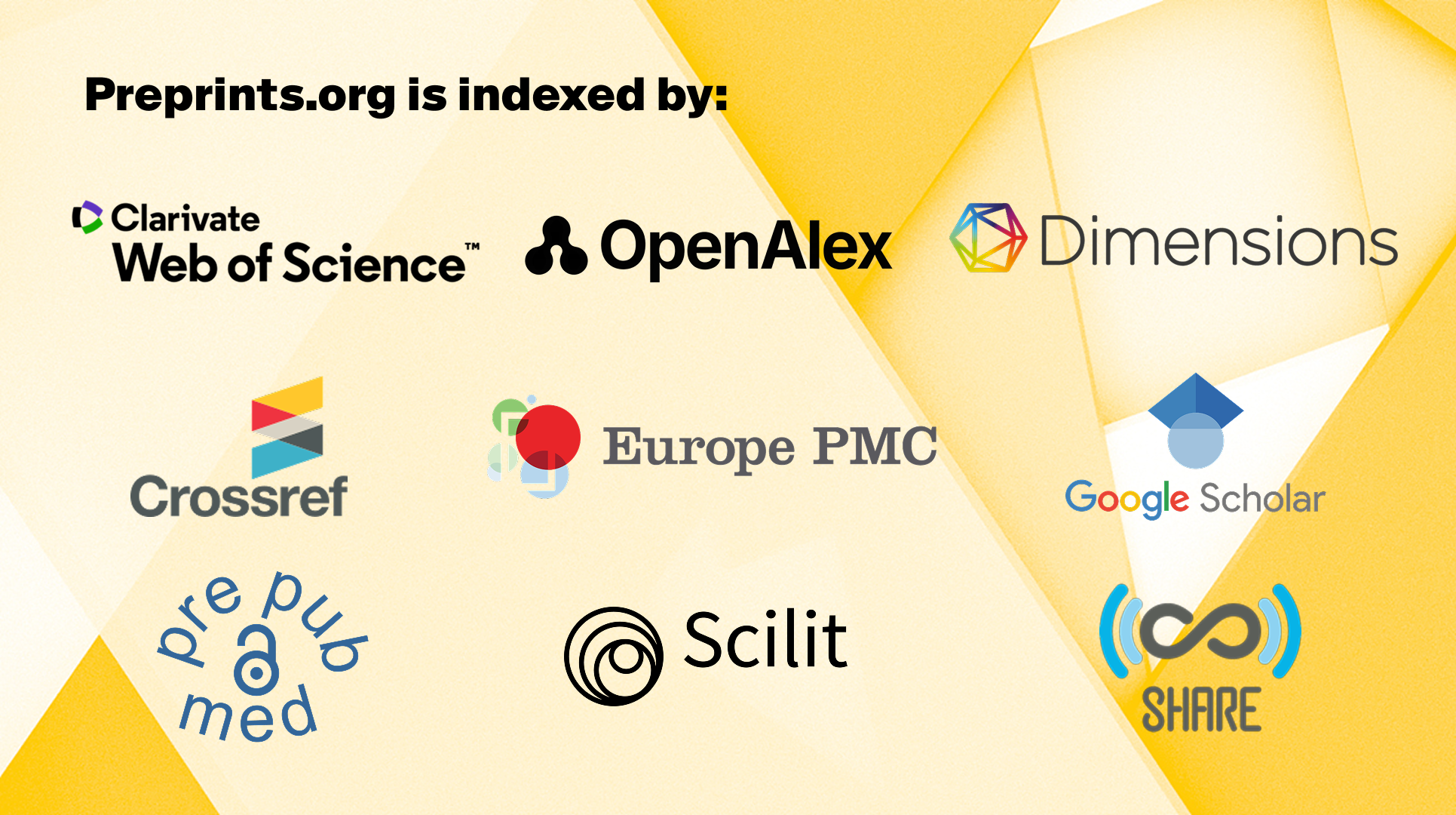 Preprints.org is already indexed by 8 major academic databases, including Web of Science, Crossref, Google Scholar, Dimensions, PrePubMed, SHARE, Scilit, and Europe PMC.